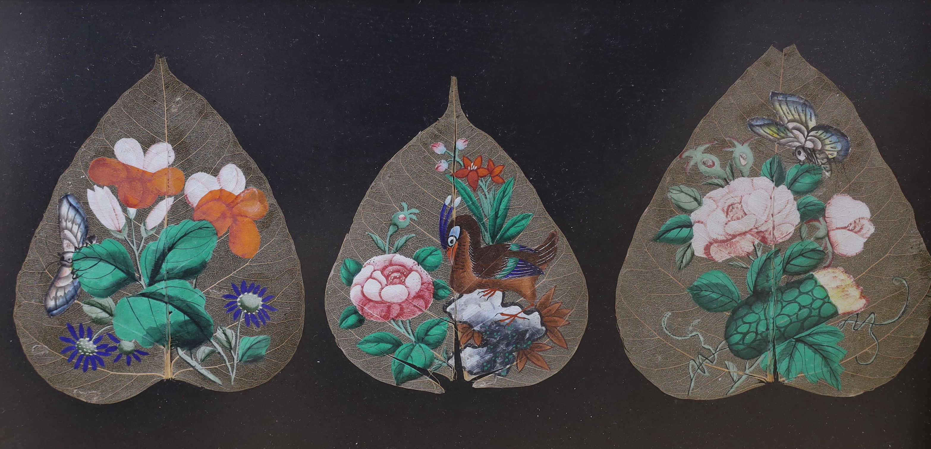 Five Chinese Canton gouache mulberry leaf paintings, framed as three, together with a watercolour painting on silk of birds on a branch, largest 17 x 35cm
